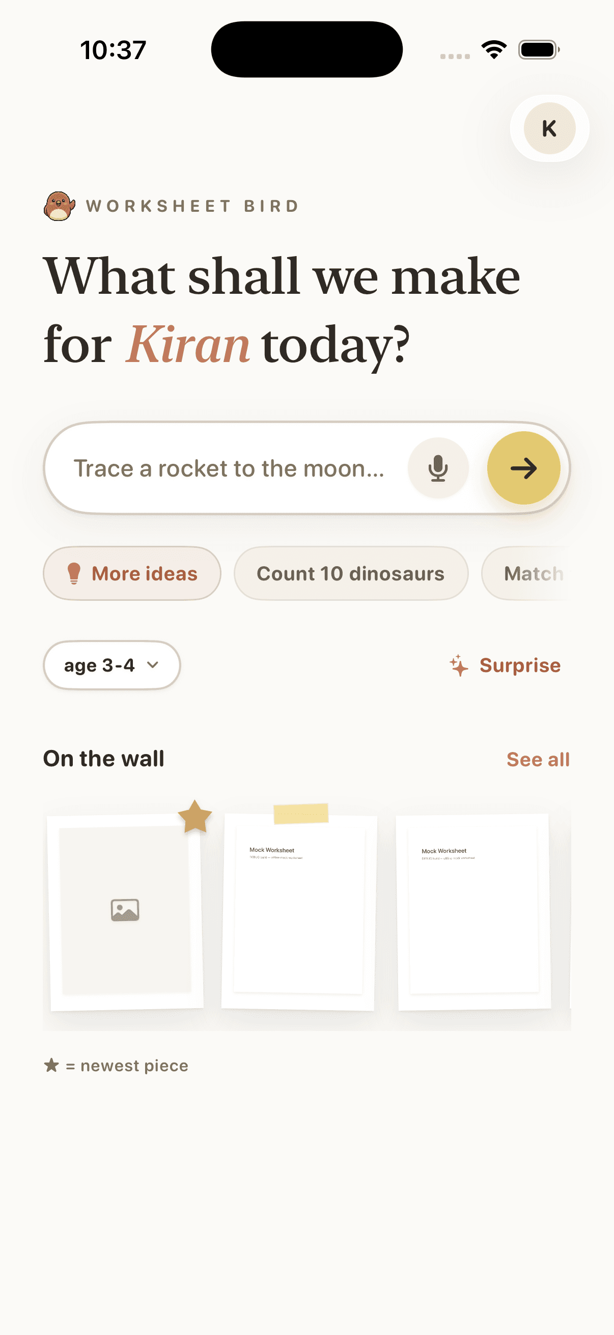 The Worksheet Bird home screen, asking what to make today