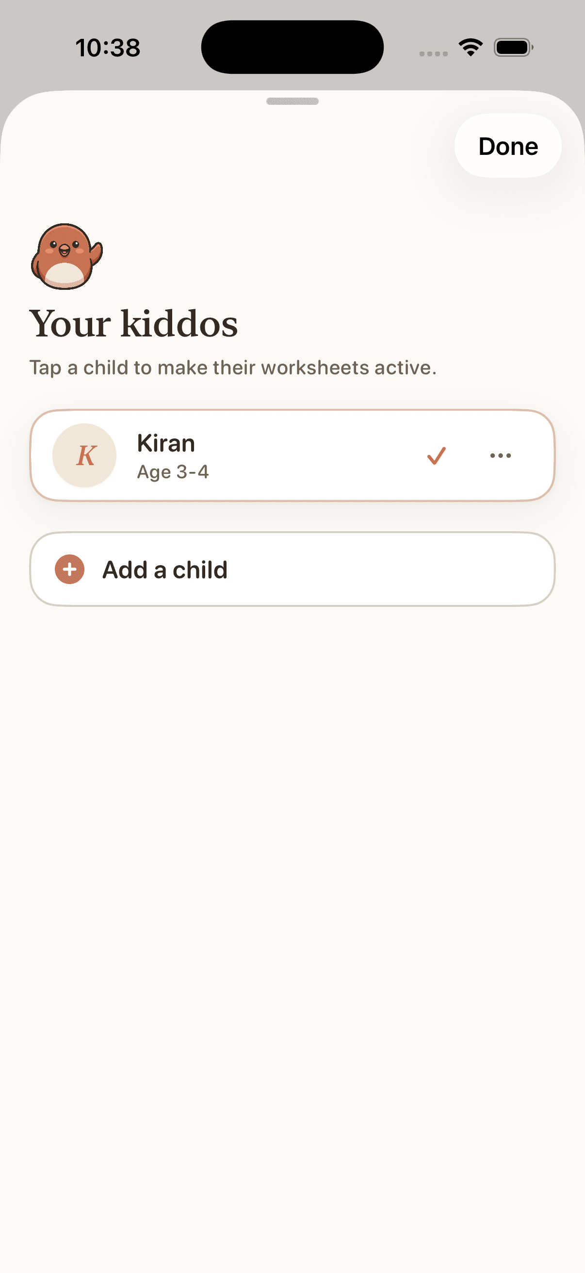 The Worksheet Bird app showing a child profile with their age