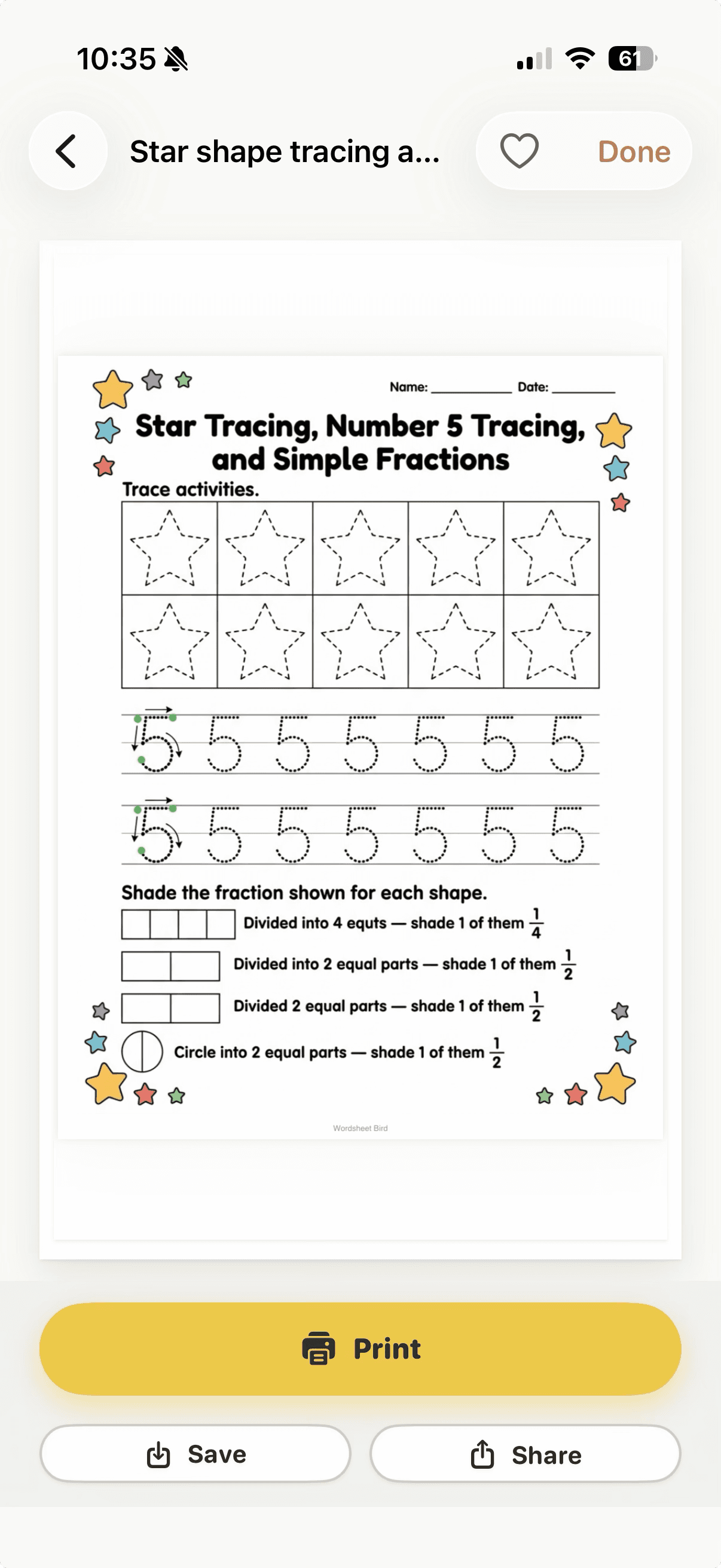 A printable star and number tracing worksheet open in the Worksheet Bird app, ready to print