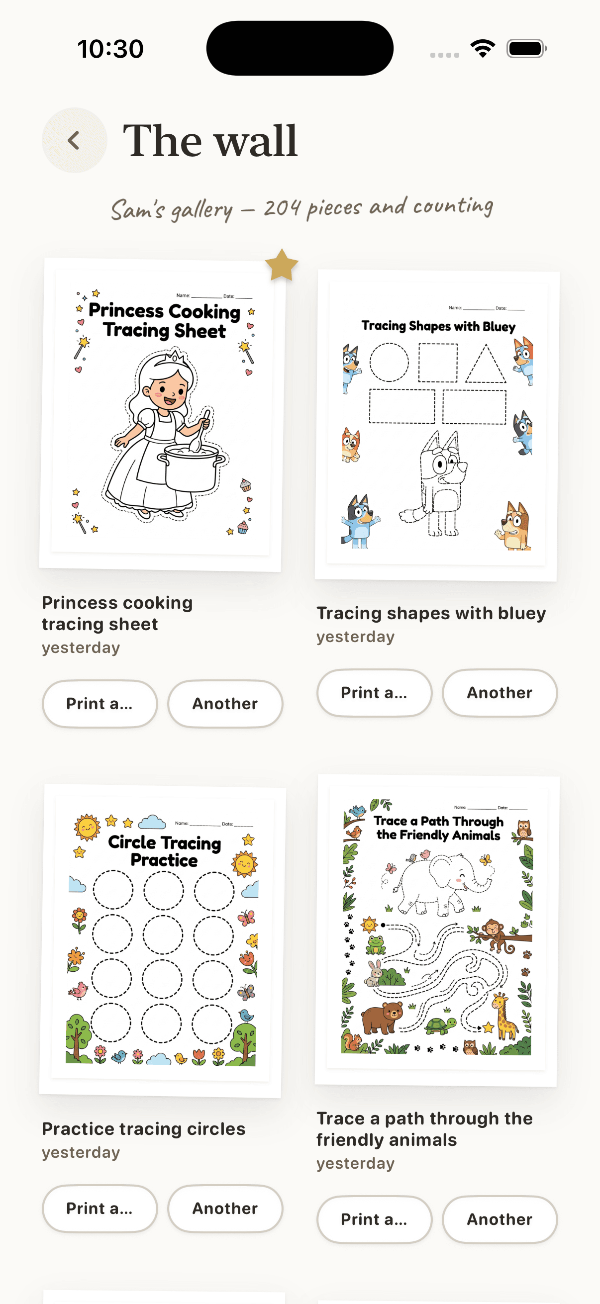 The Worksheet Bird app's wall, a gallery of saved worksheets