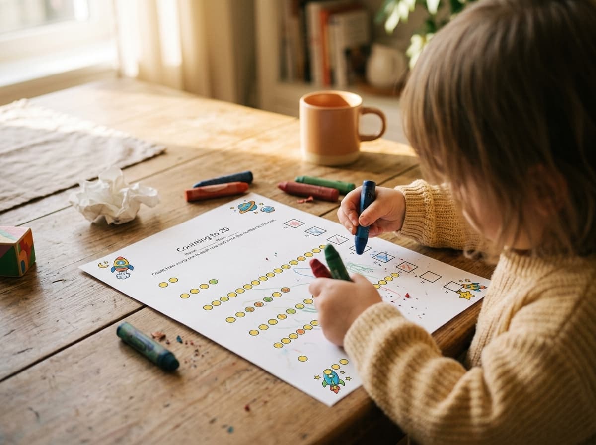 A young child coloring a printed Worksheet Bird counting worksheet with crayons at a kitchen table