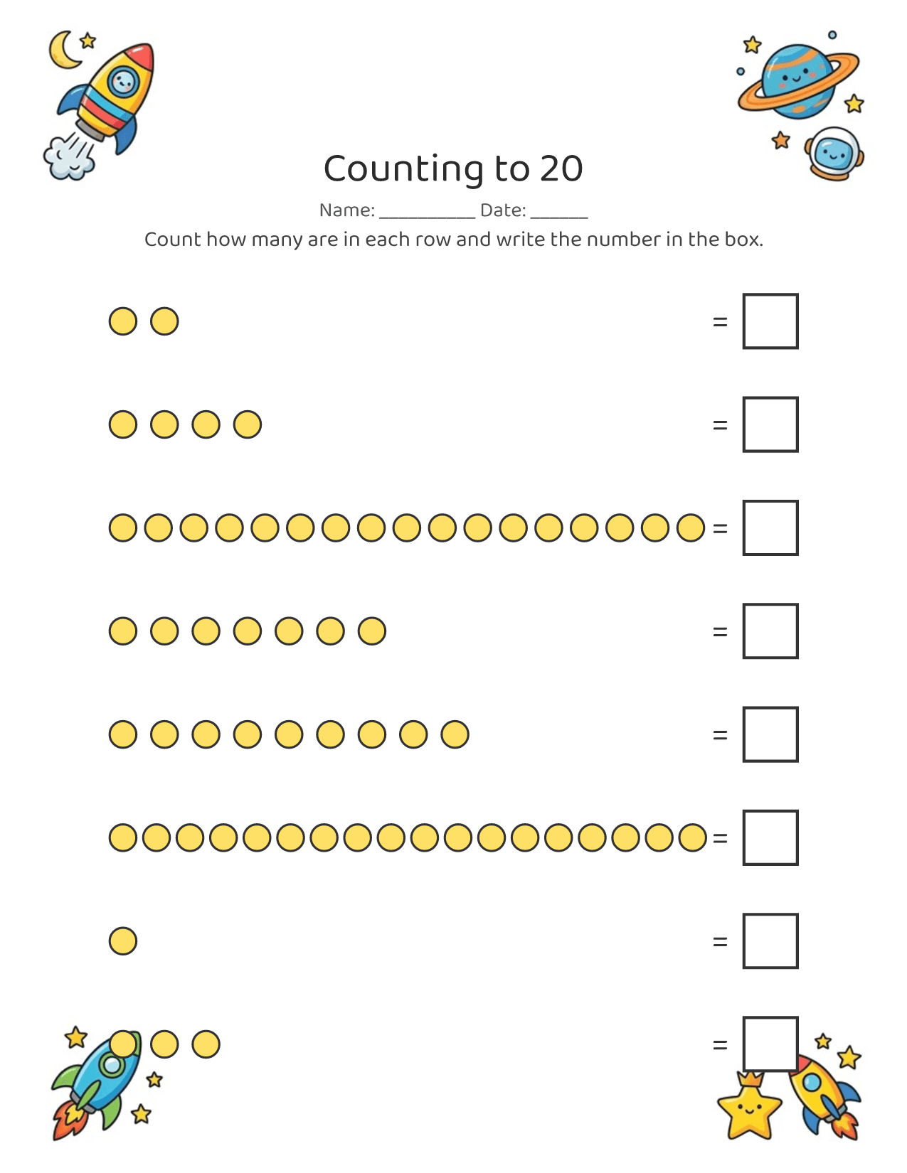 Counting worksheet with rows of objects to count