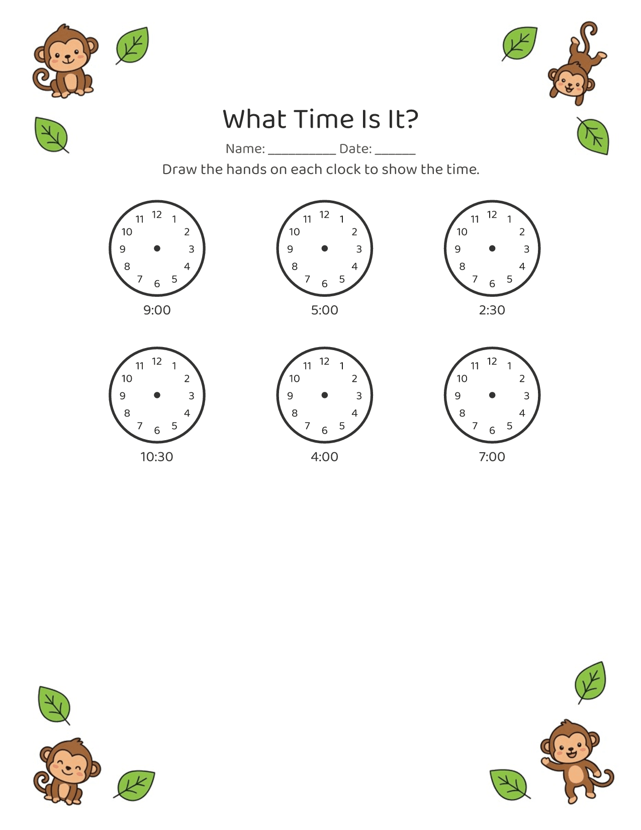 Telling-time practice worksheet with clock faces