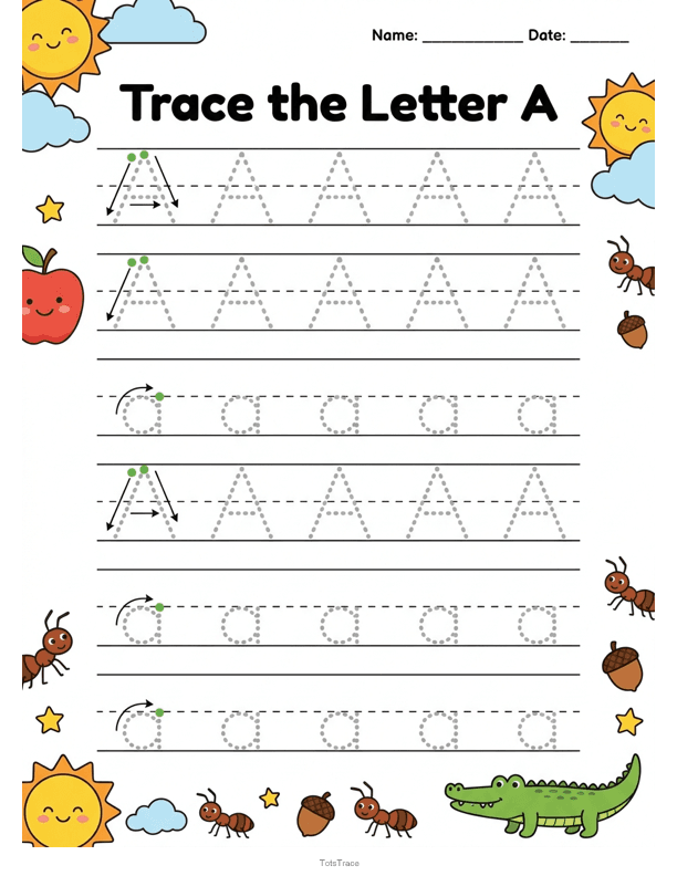 Printable letter-tracing worksheet with dotted guide letters